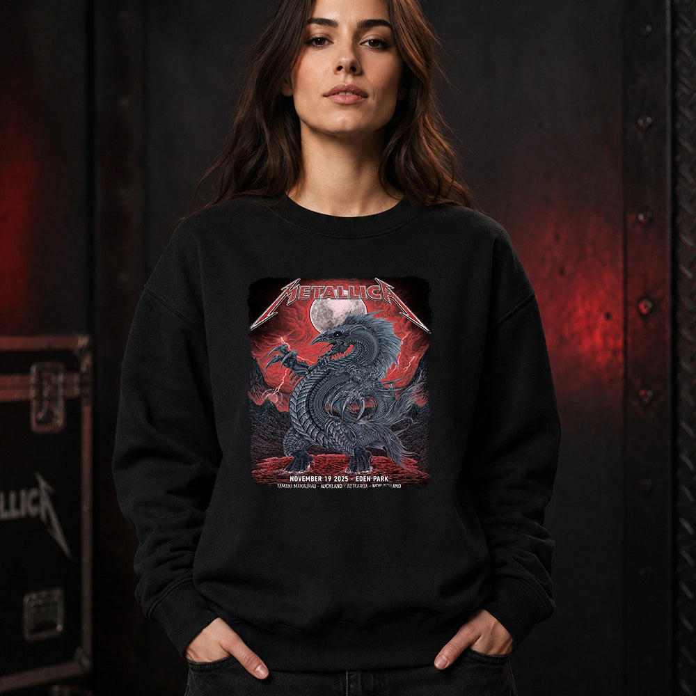 Metallica M72 World Tour November 19 2025 Eden Park Auckland New Zealand Sweatshirt by Mr. Wolf featuring a taniwha raven creature, full moon, red storm clouds, lightning, mountains and Auckland event text.
